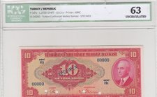 Turkey, 10 Lira, 1947, UNC, p147s, 4/1. Emission, SPECIMEN
ICG 63, serial number: H1 00000, İsmet İnönü portrait at right
Estimate: $ 500-1000