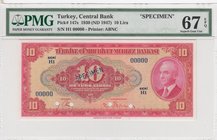 Turkey, 10 Lira, 1947, UNC, p147s, 4/1. Emission, SPECIMEN
PMG 67 EPQ, serial number: H1 00000, İsmet İnönü portrait at right
Estimate: $ 500-1000...
