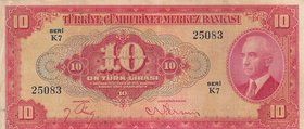 Turkey, 10 Lira, 1947, XF, p147, 4/1. Emission
serial number: K7 25083, İsmet İnönü portrait at right, pressed.
Estimate: $ 100-200
