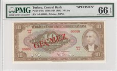 Turkey, 10 Lira, 1948, UNC, p143a, 3/2. Emission, SPECIMEN
PMG 66 EPQ, serial number: A1 00000, İsmet İnönü portrait at right.
Estimate: $ 200-400...
