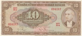 Turkey, 10 Lira, 1948, XF, p148, 4/2. Emission
serial number: B14 094187, İsmet İnönü portrait at right
Estimate: $ 200-400