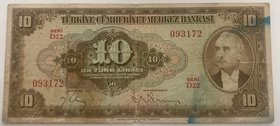 Turkey, 10 Lira, 1948, VF, p148, 4/2. Emission
serial number: D22 093172, a portrait of Turkey's founder Mustafa Kemal Ataturk. Natural
Estimate: $ ...