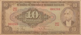 Turkey, 10 Lira, 1948, POOR, p148, 4/2. Emission
serial number: C26 068289, İsmet İnönü portrait at right
Estimate: $ 10-20