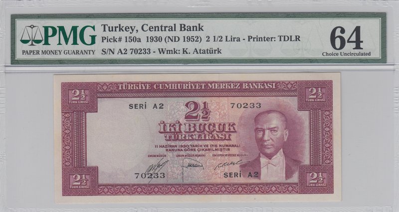 Turkey, 2 1/2 Lira, 1952, UNC, p150, 5/1. Emission
PMG 64, serial number: A2 70...