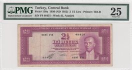 Turkey, 2 1/2 Lira, 1952, VF, p150, 5/1. Emission
PMG 25, serial number: F8 48431, a portrait of Turkey's founder Mustafa Kemal Ataturk.
Estimate: $...
