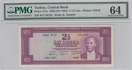 Turkey, 2 1/2 Lira, 1955, UNC, p151, 5/2. Emission
PMG 64, serial number: R17 59135, a portrait of Turkey's founder Mustafa Kemal Ataturk
Estimate: ...