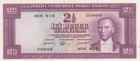 Turkey, 2 1/2 Lira, 1955, VF, p151, 5/2. Emission
serial number: N15 35809, a portrait of Turkey's founder Mustafa Kemal Ataturk, pressed
Estimate: ...