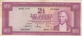 Turkey, 2 1/2 Lira, 1957, FINE, p152, 5/3. Emission
serial number: V14 20366, a portrait of Turkey's founder Mustafa Kemal Ataturk.
Estimate: $ 75-1...