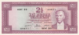 Turkey, 2 1/2 Lira, 1960, UNC, p153, 5/4. Emission
serial number: B9 40871, a portrait of Turkey's founder Mustafa Kemal Ataturk
Estimate: $ 350-700