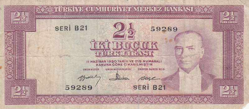 Turkey, 2 1/2 Lira, 1960, POOR, p153, 5/4. Emission
serial number: B21 59289, a...