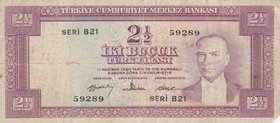 Turkey, 2 1/2 Lira, 1960, POOR, p153, 5/4. Emission
serial number: B21 59289, a portrait of Turkey's founder Mustafa Kemal Ataturk
Estimate: $ 5-10