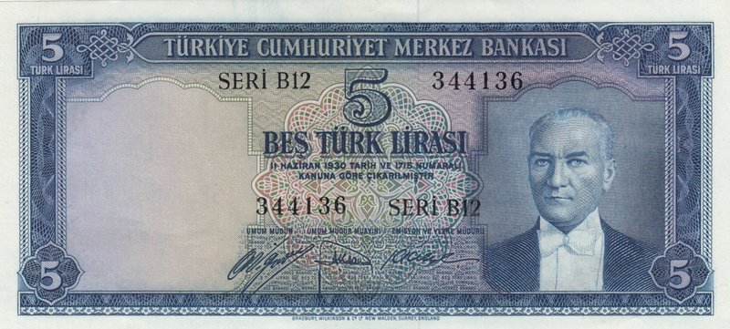 Turkey, 5 lira, 1952, UNC, p154, 5/1. Emission
serial number: B12 344136, a por...