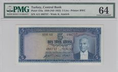 Turkey, 5 Lira, 1952, UNC, p154, 5/1. Emission
PMG 64, serial number: A11 486757, a portrait of Turkey's founder Mustafa Kemal Ataturk
Estimate: $ 1...