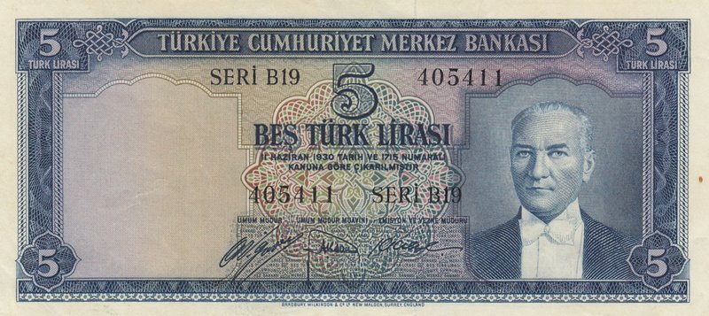 Turkey, 5 Lira, 1952, AUNC (+), p154, 5/1. Emission
serial number: C7 283769, n...