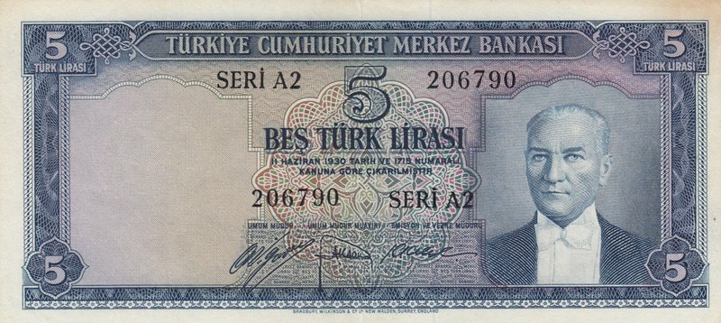 Turkey, 5 Lira, 1952, XF, p154, 5/1. Emission
serial number: A2 206790, a portr...