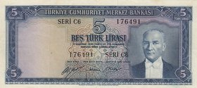 Turkey, 5 Lira, 1952, VF (+), p154, 5/1. Emission
serial number: C6 176491, natural, a portrait of Turkey's founder Mustafa Kemal Ataturk
Estimate: ...