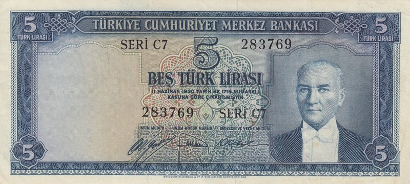 Turkey, 5 Lira, 1952, VF (+), p154, 5/1. Emission
serial number: C7 283769, a p...