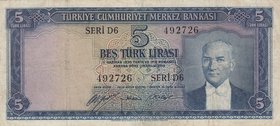 Turkey, 5 Lira, 1952, FINE, p154, 5/1. Emission
serial number: D6 492726, a portrait of Turkey's founder Mustafa Kemal Ataturk. Pressed
Estimate: $ ...