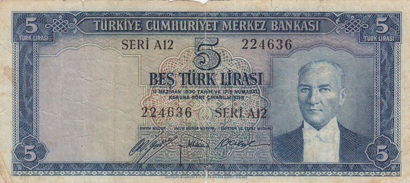 Turkey, 5 Lira, 1952, FINE, p154, 5/1. Emission
serial number: A12 224636, a po...