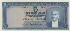 Turkey, 5 Lira, 1959, VF, p155, 5/2. Emission
serial number: E21 285210, A portrait of Turkey's founder Mustafa Kemal Ataturk, Pressed.
Estimate: $ ...