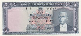 Turkey, 5 Lira, 1961, UNC, p173, 5/3. Emission
serial number: F27 282368, a portrait of Turkey's founder Mustafa Kemal Ataturk, There is a break in t...