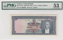 Turkey, 5 Lira, 1961, AUNC, p173, 5/3. Emission
serial number: G31 080696, a portrait of Turkey's founder Mustafa Kemal Ataturk
Estimate: $ 100-200