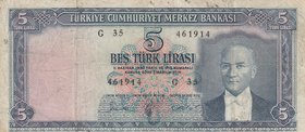 Turkey, 5 Lira, 1961, FINE, p154, 5/1. Emission
serial number: G35 461914, a portrait of Turkey's founder Mustafa Kemal Ataturk, pressed.
Estimate: ...