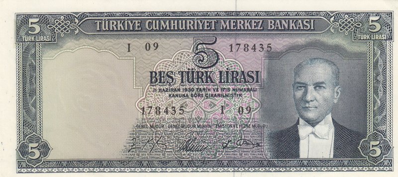 Turkey, 5 Lira, 1965, UNC, p174, 5/4. Emission
serial number: I09 178435, a por...