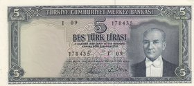 Turkey, 5 Lira, 1965, UNC, p174, 5/4. Emission
serial number: I09 178435, a portrait of Turkey's founder Mustafa Kemal Ataturk, In the upper left cor...