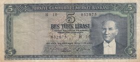 Turkey, 5 Lira, 1965, POOR, p174, 5/4. Emission
serial number: H10 032875, a portrait of Turkey's founder Mustafa Kemal Ataturk.
Estimate: $ 5-10