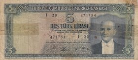 Turkey, 5 Lira, 1965, POOR, p174, 5/4. Emission
serial number: I20 471754, a portrait of Turkey's founder Mustafa Kemal Ataturk
Estimate: $ 5-10