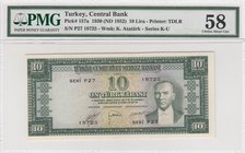Turkey, 10 Lira, 1953, AUNC (+), p157
PMG 58, serial number: P27 18725, a portrait of Turkey's founder Mustafa Kemal Ataturk
Estimate: $ 250-500