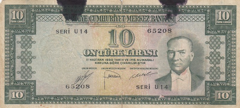 Turkey, 10 Lira, 1953, POOR, p157, 5/2. Emission
serial number: U14 65208, a po...