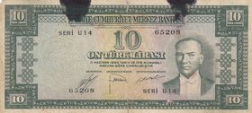 Turkey, 10 Lira, 1953, POOR, p157, 5/2. Emission
serial number: U14 65208, a portrait of Turkey's founder Mustafa Kemal Ataturk.
Estimate: $ 10-20