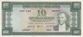 Turkey, 10 Lira, 1958, XF, p158, 5/3. Emission
serial number: Y35 38427, a portrait of Turkey's founder Mustafa Kemal Ataturk, pressed.
Estimate: $ ...