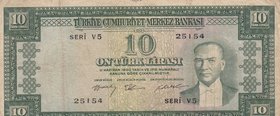 Turkey, 10 Lira, 1958, FINE, p158, 5/3. Emission
serial number: V5 25154, a portrait of Turkey's founder Mustafa Kemal Ataturk, pressed.
Estimate: $...
