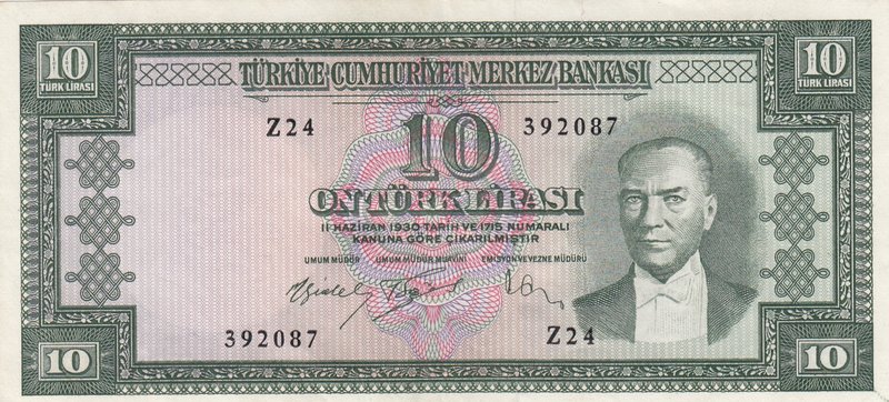 Turkey, 10 Lira, 1960, XF, p159, 5/4. Emission
serial number: Z24 392087, natur...