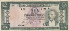 Turkey, 10 Lira, 1960, VF, p159, 5/4. Emission
serial number: Z08 076947, a portrait of Turkey's founder Mustafa Kemal Ataturk, pressed.
Estimate: $...