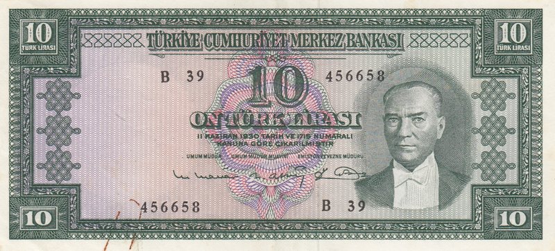 Turkey, 10 Lira, 1963, XF (+), p161, 5/6. Emission
serial number: B39 456658, n...