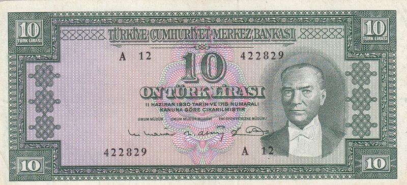 Turkey, 10 Lira, 1963, XF, p161, 5/6. Emission
serial number: A12 422829, a por...