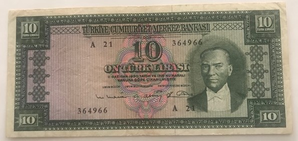 Turkey, 10 Lira, 1963, VF, p161, 5/6. Emission
serial number: A21 364966, a por...