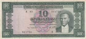 Turkey, 10 Lira, 1963, VF, p161, 5/6. Emission
serial number: A43 311726, natural, A portrait of Turkey's founder Mustafa Kemal Ataturk
Estimate: $ ...