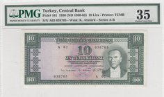 Turkey, 10 Lira, 1963, VF, p161, 5/6. Emission
PMG 35, serial number: A02 038705, a portrait of Turkey's founder Mustafa Kemal Ataturk
Estimate: $ 2...