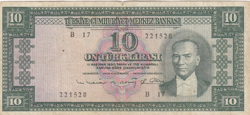 Turkey, 10 Lira, 1963, FINE, p161, 5/6. Emission
serial number: B17 221528, a p...