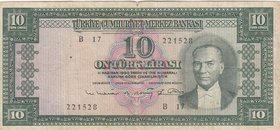 Turkey, 10 Lira, 1963, FINE, p161, 5/6. Emission
serial number: B17 221528, a portrait of Turkey's founder Mustafa Kemal Ataturk, pressed.
Estimate:...