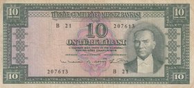 Turkey, 10 Lira, 1963, FINE, p161, 5/6. Emission
serial number: B21 207613, a portrait of Turkey's founder Mustafa Kemal Ataturk, pressed.
Estimate:...