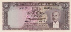 Turkey, 50 Lira, 1951, AUNC / UNC, p162, 5/1. Emission.
serial number: B9 08131, a portrait of Turkey's founder Mustafa Kemal Ataturk. Lightly presse...