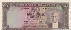 Turkey, 50 Lira, 1953, XF, p163, 5/2. Emission
serial number: M8 089428, a portrait of Turkey's founder Mustafa Kemal Ataturk, pressed
Estimate: $ 5...