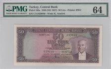 Turkey, 50 Lira, 1957, UNC, p165, 5/4. Emission
PMG 64, serial number: U14 029040, a portrait of Turkey's founder Mustafa Kemal Ataturk
Estimate: $ ...