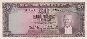 Turkey, 50 Lira, 1957, AUNC, p165, 5/4. Emission
serial number: Z14 023727, a portrait of Turkey's founder Mustafa Kemal Ataturk. Pressed.
Estimate:...
